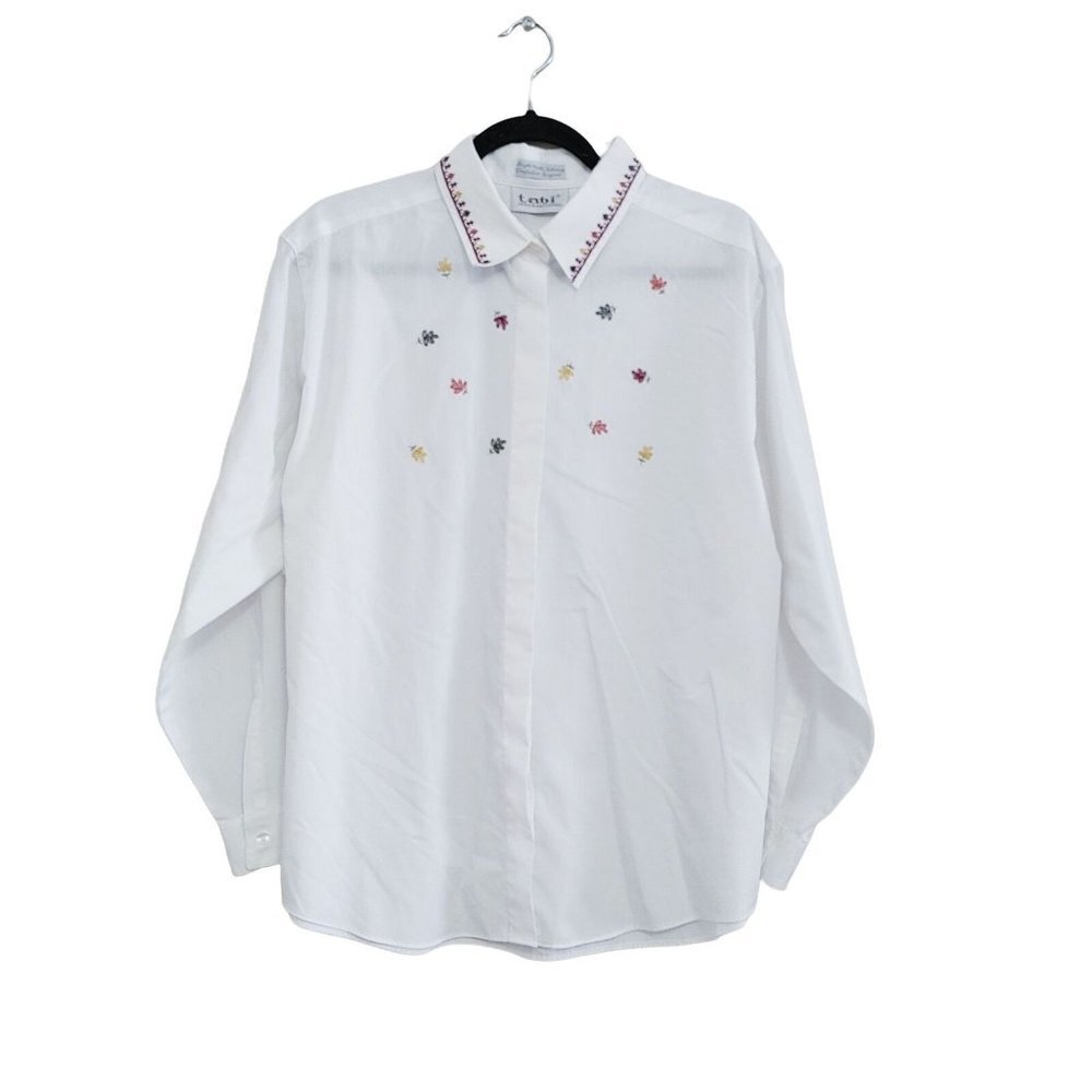 Vintage Tabi Blouse Size XL  Women's Button Up White w/Embroidered Fall Leaves